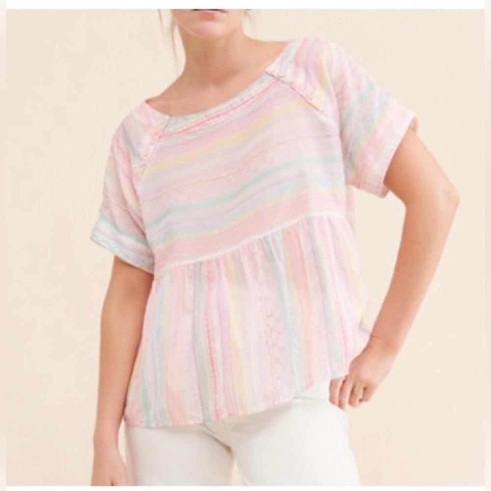 Anthropologie Letty Embroidered Babydoll Relaxed Semi sheer Blouse Size XS